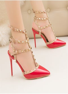 Eloshman 10cm LacquerLeather Metal Rivet Hollowed Out Roman Slim Heel High Heels Red  - Image 3