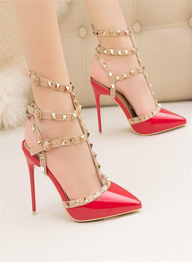 Eloshman 10cm LacquerLeather Metal Rivet Hollowed Out Roman Slim Heel High Heels Red - Image 3