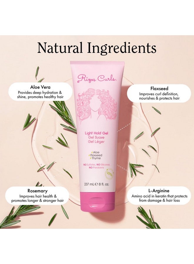 Rizos Curls Light Hold Gel, Defines With Flexible Hold, Flake-Free And Frizz-Free Voluminous Curls, Moisturize And Combat Humidity With Aloe Vera & Flaxseed, For All Curl Patterns 2A - 4C, 8 Oz