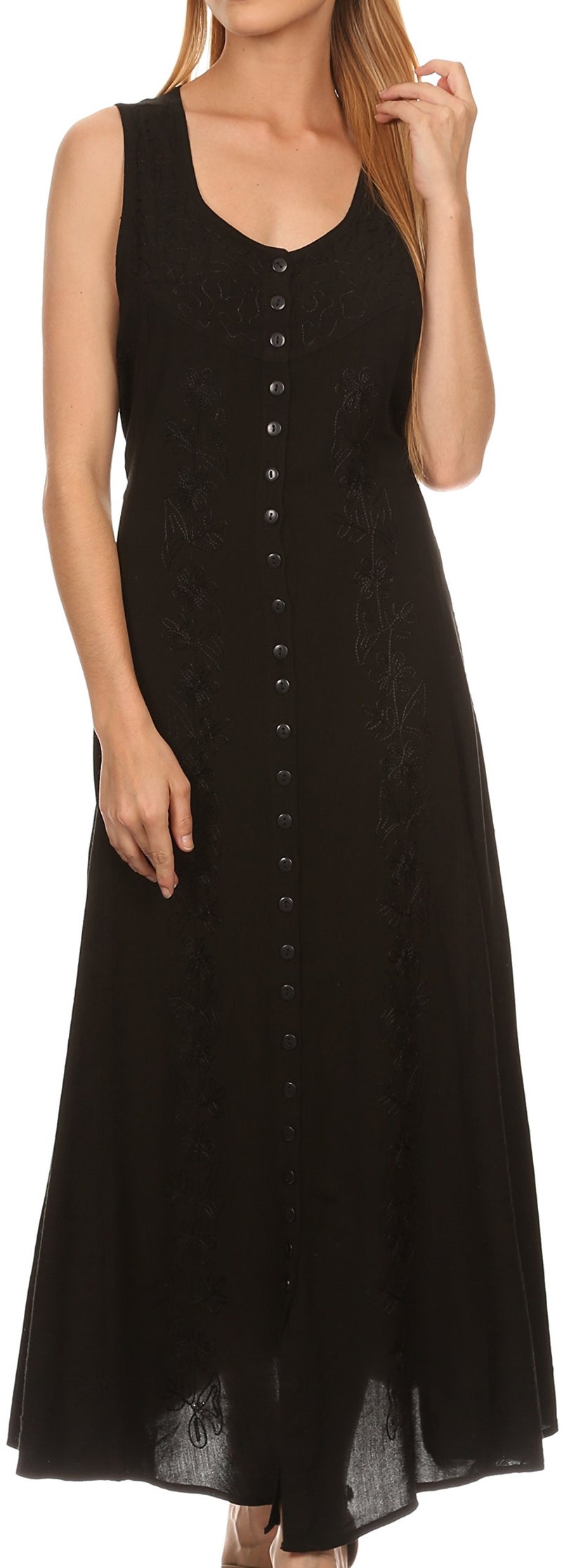 Sakkas 15221 - Maya Floral Embroidered Sleeveless Button Up Rayon Dress - Black - L/XL - Image 1