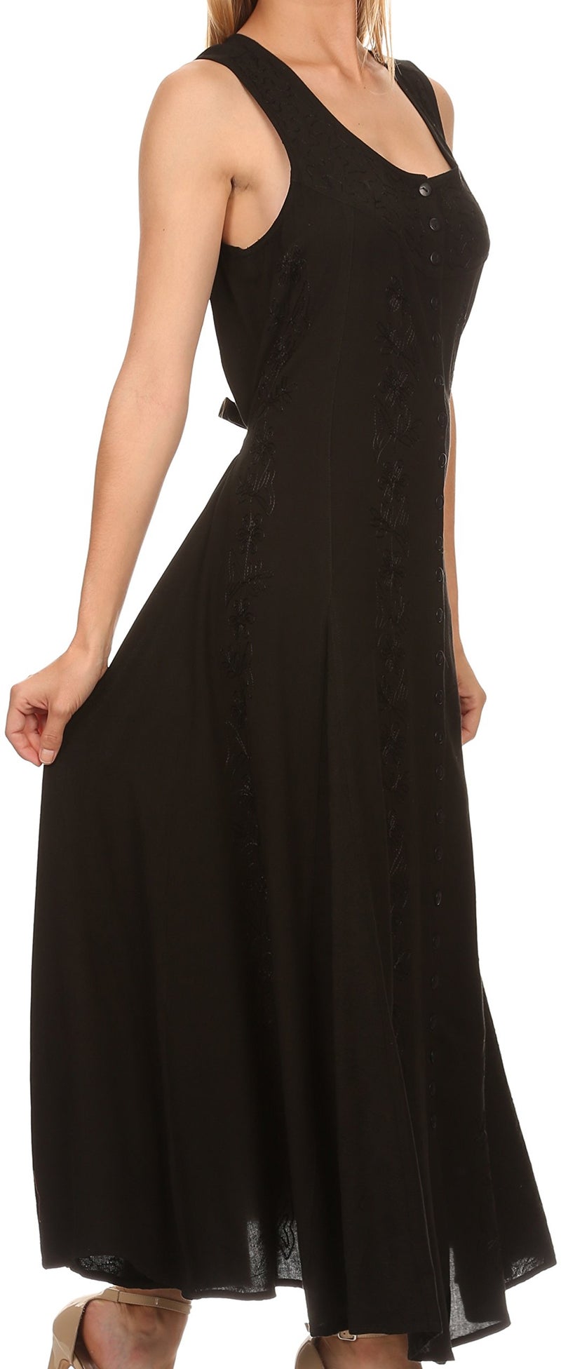 Sakkas 15221 - Maya Floral Embroidered Sleeveless Button Up Rayon Dress - Black - L/XL - Image 3