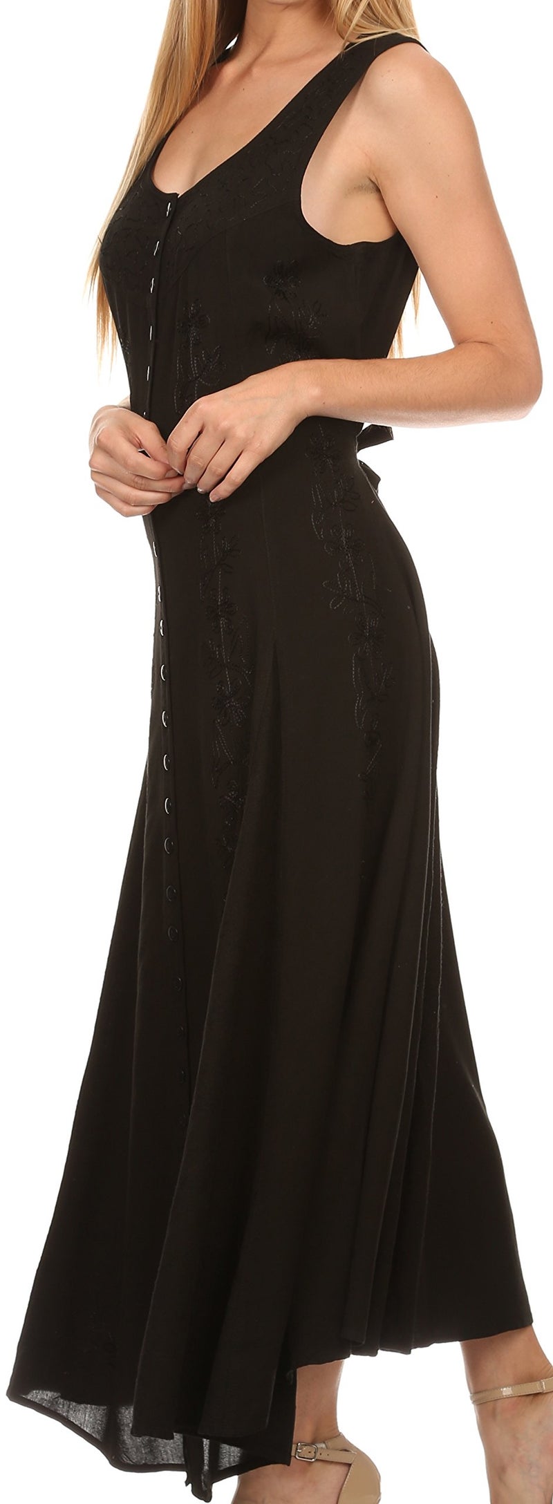 Sakkas 15221 - Maya Floral Embroidered Sleeveless Button Up Rayon Dress - Black - L/XL - Image 4