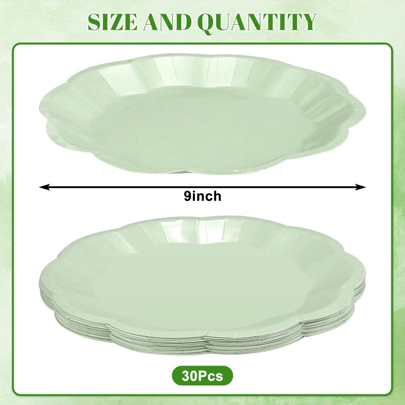NatNarr 30 Pcs Sage Green Paper Plates, 9 Inch Scalloped Easter Plates Green Dessert Dinner Plate Cute Party Plate Disposable Party Supplies for Wedding, Baby Bridal Shower, Birthday - Image 2