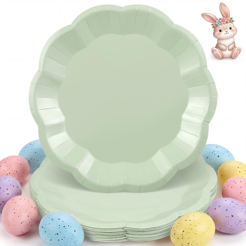 NatNarr 30 Pcs Sage Green Paper Plates, 9 Inch Scalloped Easter Plates Green Dessert Dinner Plate Cute Party Plate Disposable Party Supplies for Wedding, Baby Bridal Shower, Birthday - Image 1