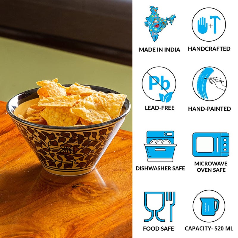 ExclusiveLane 'Mughal Floral' Handpainted Ceramic Bowl Ceramic Serving Bowls for Snacks Bowls (Set of 2, 520 ML, Dishwasher & Microwave Safe) - Image 4