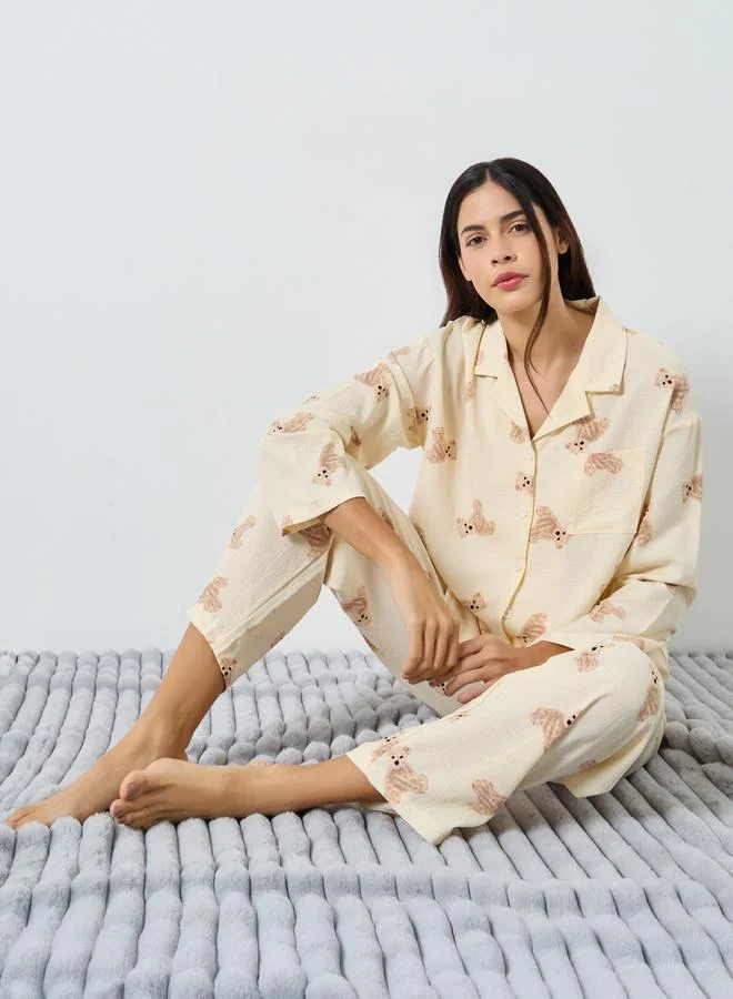 Styli Styli Teddy Print Shirt and Pyjama Set