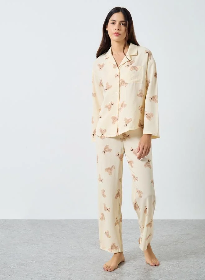 Styli Styli Teddy Print Shirt and Pyjama Set