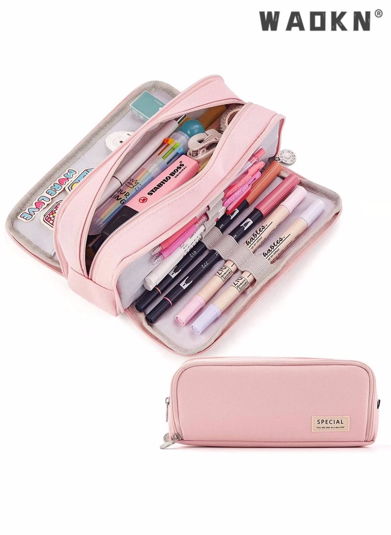 دبليو أيه أو كي أن حقيبة أقلام رصاص بسعة كبيرة، حقيبة أقلام بثلاث حجرات، مناسبة للمراهقين في المدارس، والفتيات، والأولاد، وحقيبة القرطاسية النسائية، حقيبة تخزين مريحة، حقيبة تخزين للسفر في الهواء الطلق - وردي - Image 1