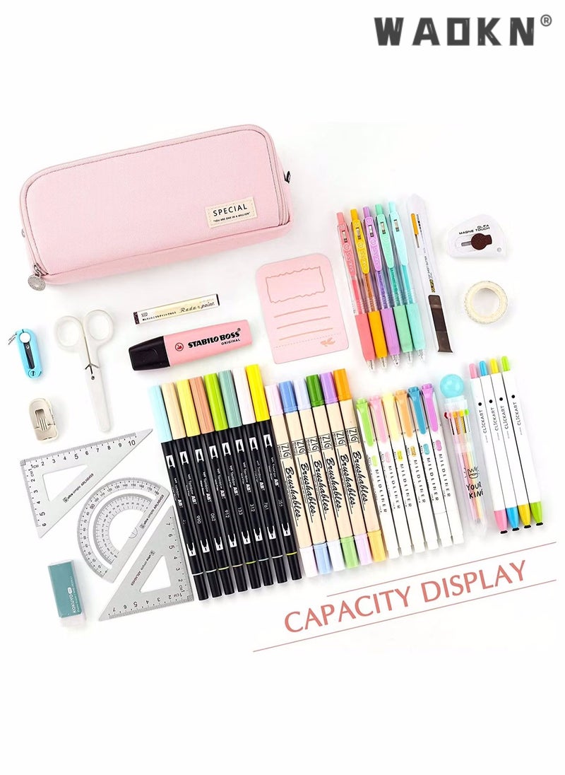 دبليو أيه أو كي أن حقيبة أقلام رصاص بسعة كبيرة، حقيبة أقلام بثلاث حجرات، مناسبة للمراهقين في المدارس، والفتيات، والأولاد، وحقيبة القرطاسية النسائية، حقيبة تخزين مريحة، حقيبة تخزين للسفر في الهواء الطلق - وردي - Image 2