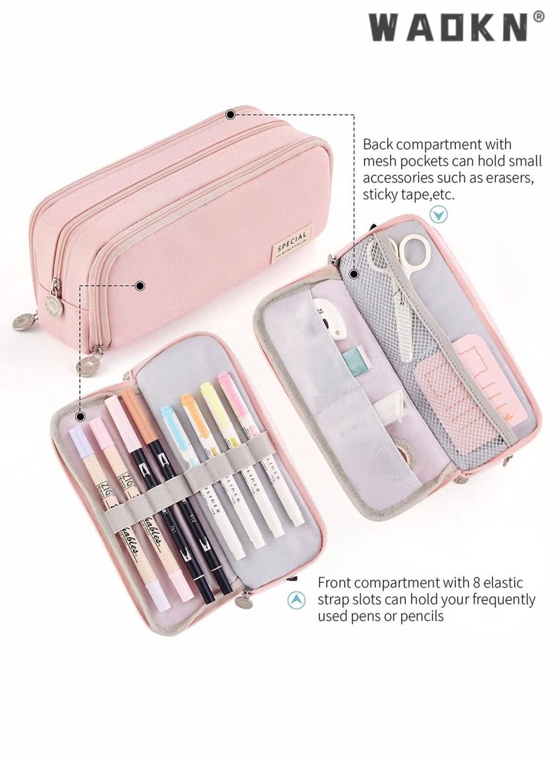 دبليو أيه أو كي أن حقيبة أقلام رصاص بسعة كبيرة، حقيبة أقلام بثلاث حجرات، مناسبة للمراهقين في المدارس، والفتيات، والأولاد، وحقيبة القرطاسية النسائية، حقيبة تخزين مريحة، حقيبة تخزين للسفر في الهواء الطلق - وردي - Image 3