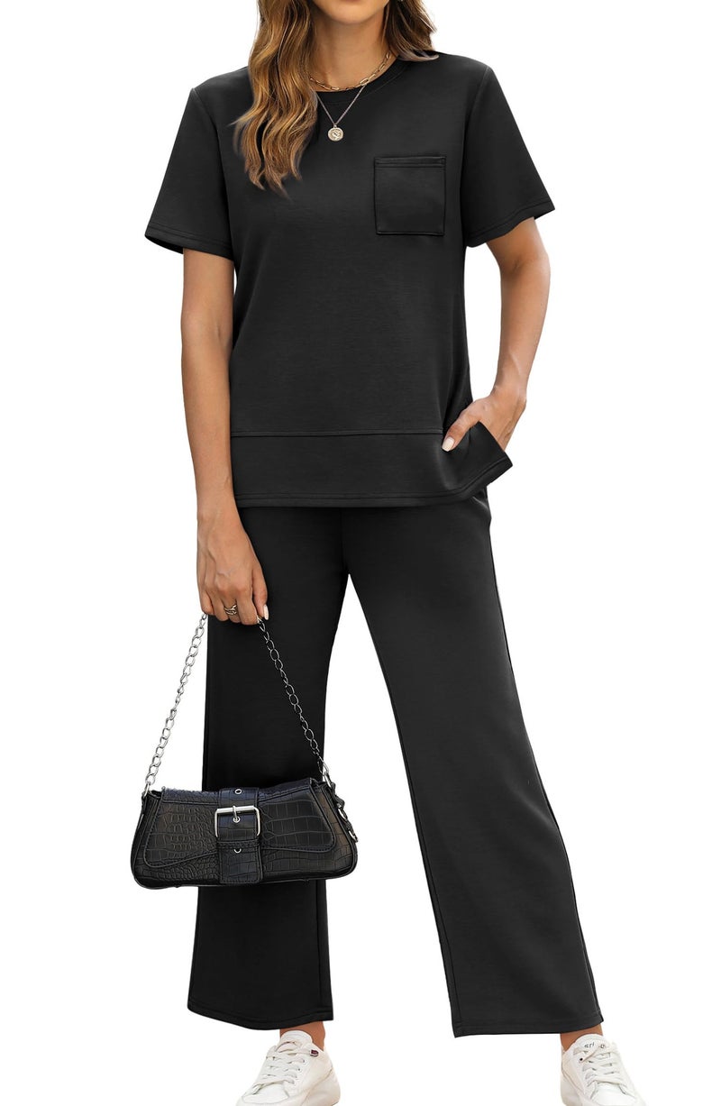 OFEEFAN Womens Lounge Set Casual Summer 2 Piece Travel Outfits Spring Short Sleeve Track Suit Loose Wide Leg Loungewear Beach Vacation Clothes Cruise Clothing Women's Oversized Sweatsuit Black XXL - Image 2