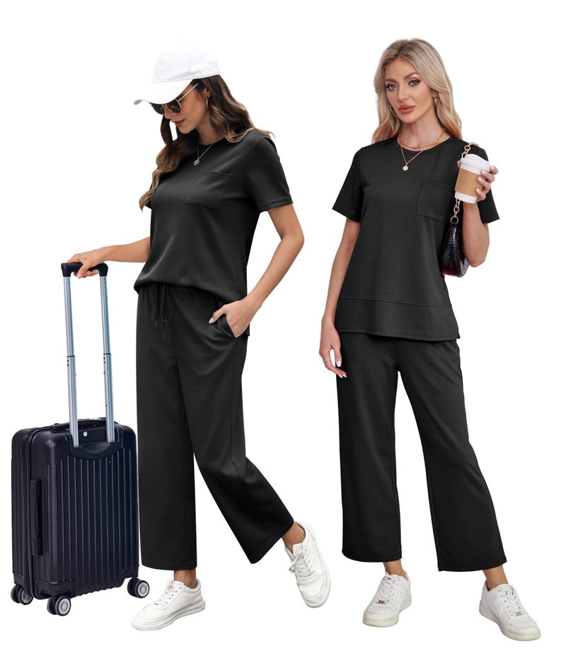 OFEEFAN Womens Lounge Set Casual Summer 2 Piece Travel Outfits Spring Short Sleeve Track Suit Loose Wide Leg Loungewear Beach Vacation Clothes Cruise Clothing Women's Oversized Sweatsuit Black XXL - Image 5
