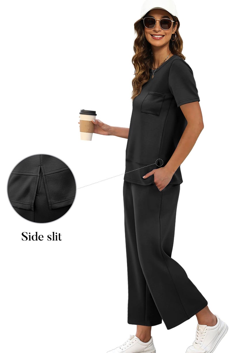 OFEEFAN Womens Lounge Set Casual Summer 2 Piece Travel Outfits Spring Short Sleeve Track Suit Loose Wide Leg Loungewear Beach Vacation Clothes Cruise Clothing Women's Oversized Sweatsuit Black XXL - Image 3