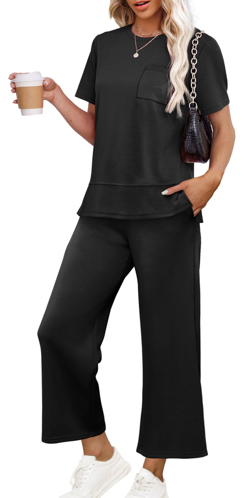 OFEEFAN Womens Lounge Set Casual Summer 2 Piece Travel Outfits Spring Short Sleeve Track Suit Loose Wide Leg Loungewear Beach Vacation Clothes Cruise Clothing Women's Oversized Sweatsuit Black XXL - Image 1