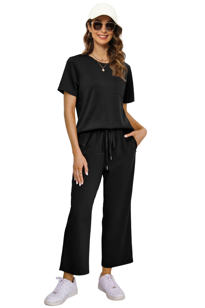 OFEEFAN Womens Lounge Set Casual Summer 2 Piece Travel Outfits Spring Short Sleeve Track Suit Loose Wide Leg Loungewear Beach Vacation Clothes Cruise Clothing Women's Oversized Sweatsuit Black XXL - Image 4