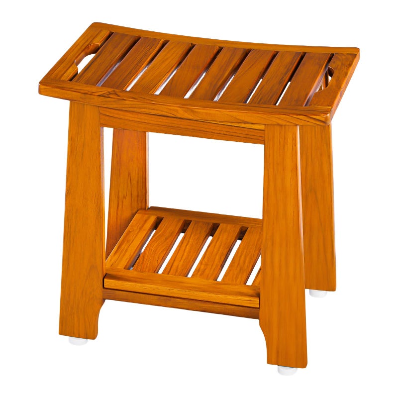 14 Compact Teak Shower Stool with Shelf Handle Waterproof NonSlip Bath Bench for Small BathroomsOutdoor Use 300 lbs Capacity Patented