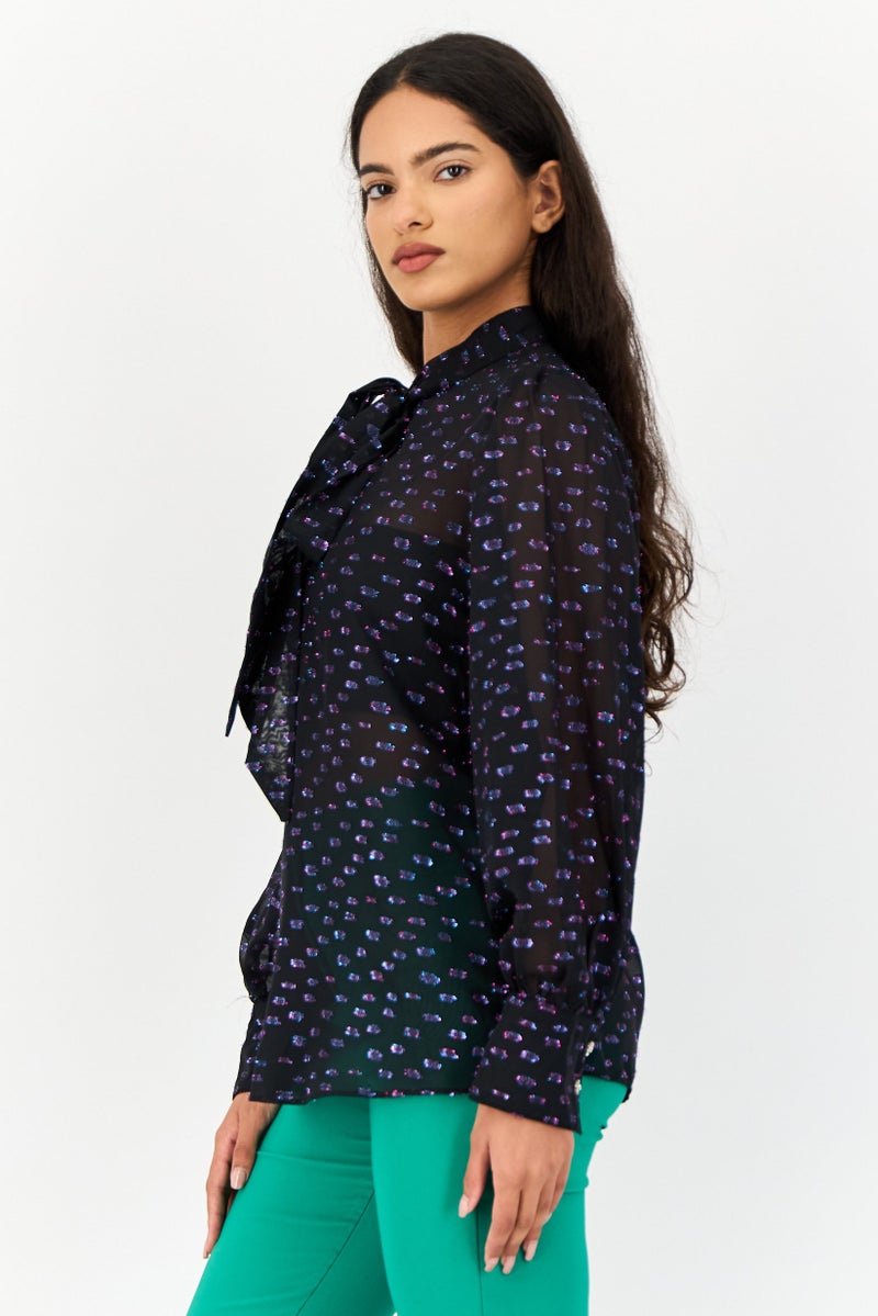 KOTON Women Tie Neck Long Sleeves Metallic Blouse, Multicolor - Image 4