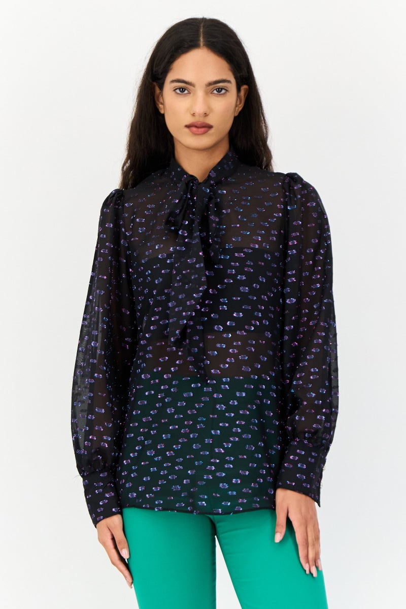 KOTON Women Tie Neck Long Sleeves Metallic Blouse, Multicolor - Image 1