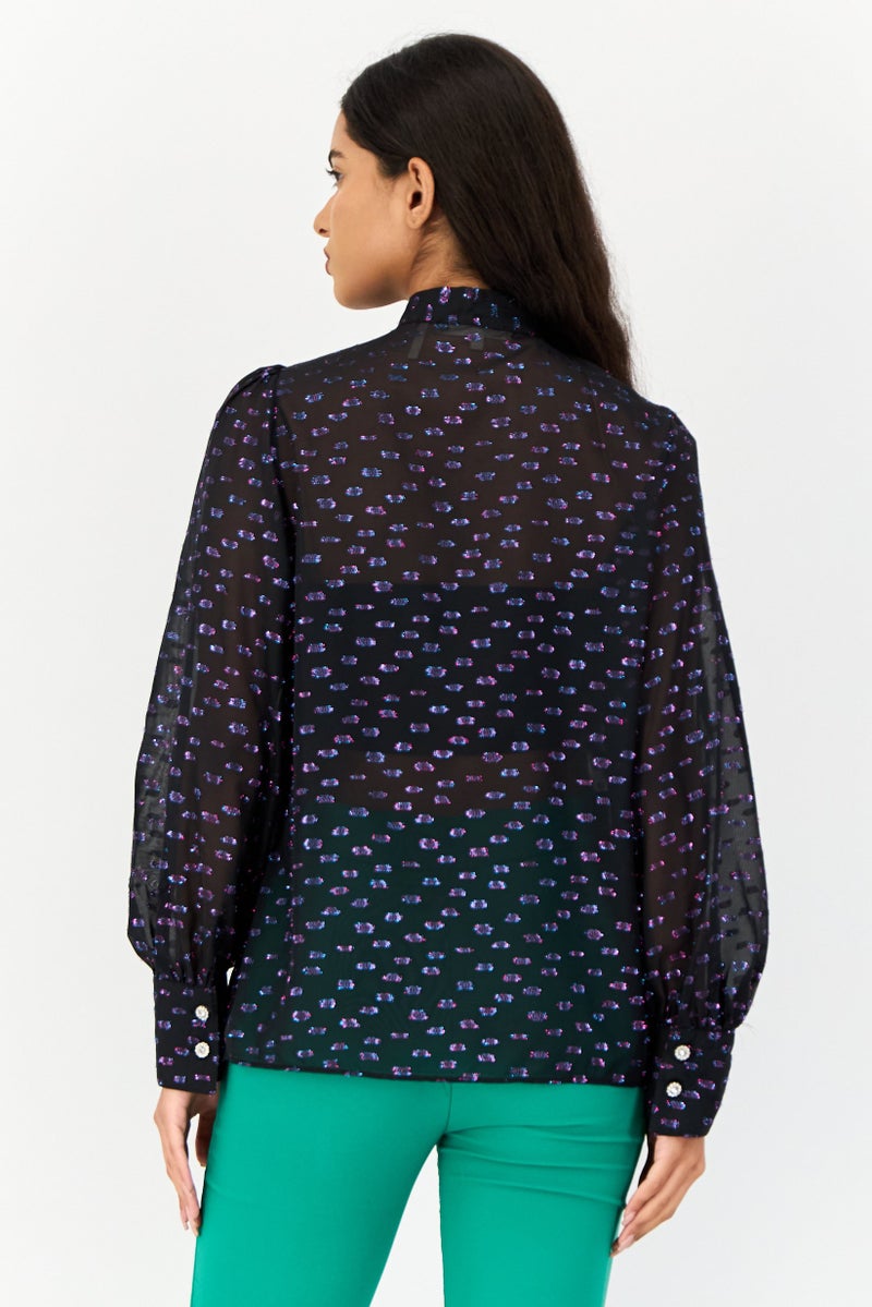 KOTON Women Tie Neck Long Sleeves Metallic Blouse, Multicolor - Image 2