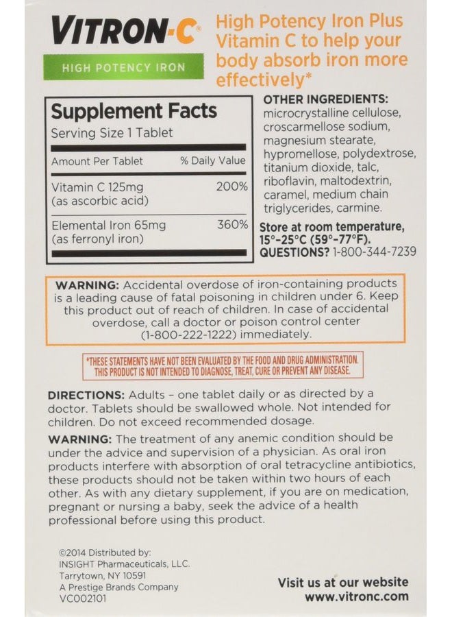 Vitron-C VITRON-C High Potency Iron Plus Vitamin C Tablets - 60 Ea - 3 pack  - Image 2
