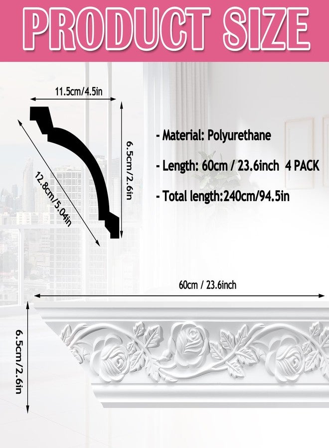 Marsui 4 Pcs Ceiling Crown Molding Trim 4-1/2 Inch Face x 94.5 in Long Total Decorative Ceiling Crown Moulding Trim Installed with Glue (Not Included) Luxe Style Decor (Floral Style) - Image 2
