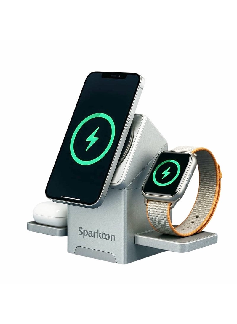 سبارتون محطة شحن لاسلكية 3 في 1 من سباركتون لهاتف iPhone 15 14 13 12 Pro Max وApple Watch وAirPods Pro | قاعدة شحن MagSafe معتمدة بمعيار USB-C Qi وحامل شحن لاسلكي سريع | موزع شاحن مغناطيسي متعدد الأجهزة ووسادة شحن للسفر ومحطة طاقة مدمجة متعددة الاستخدامات من Apple.  - Image 1