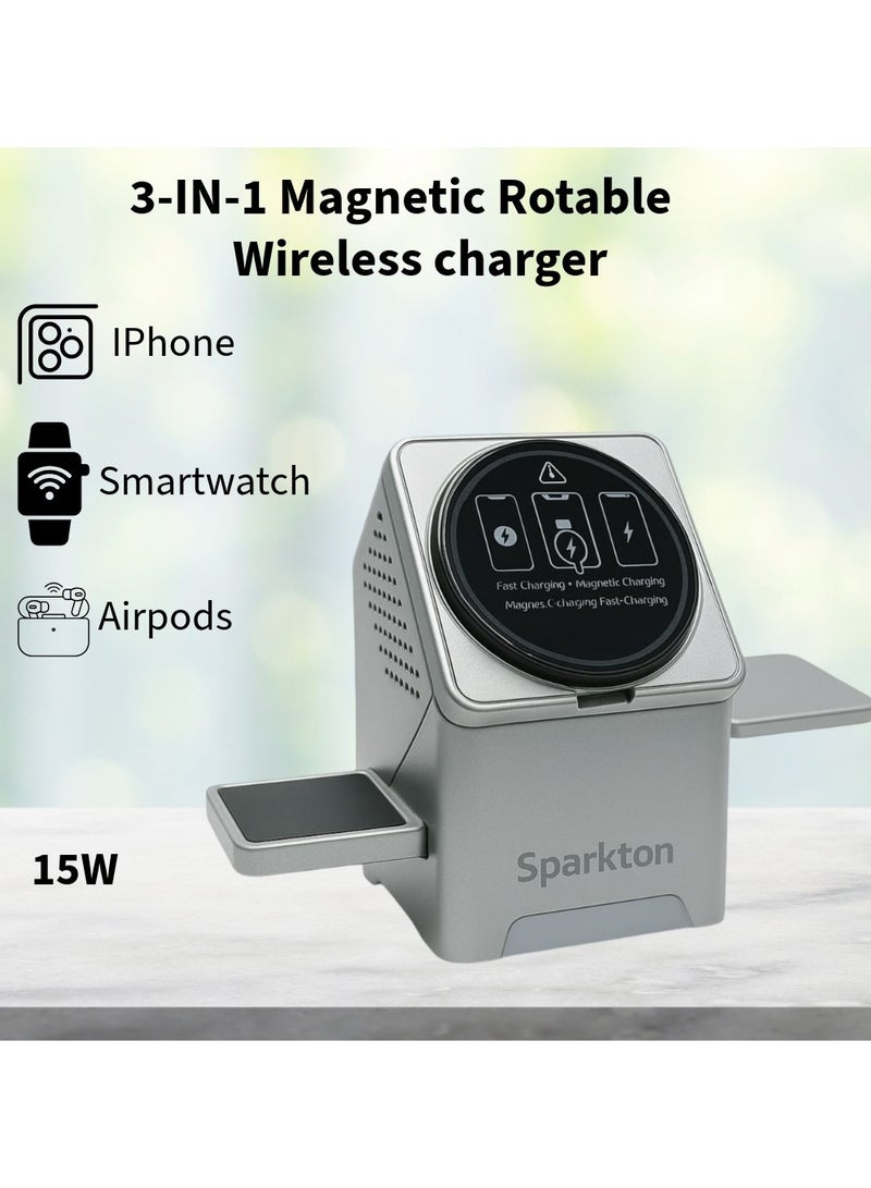 سبارتون محطة شحن لاسلكية 3 في 1 من سباركتون لهاتف iPhone 15 14 13 12 Pro Max وApple Watch وAirPods Pro | قاعدة شحن MagSafe معتمدة بمعيار USB-C Qi وحامل شحن لاسلكي سريع | موزع شاحن مغناطيسي متعدد الأجهزة ووسادة شحن للسفر ومحطة طاقة مدمجة متعددة الاستخدامات من Apple.  - Image 3