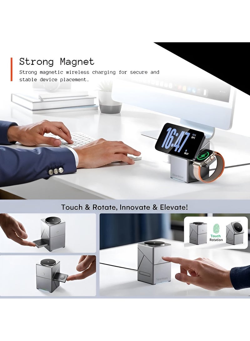 Sparkton 3 in 1 Wireless Charger Station for iPhone 15 14 13 12 Pro Max, Apple Watch, AirPods Pro | MagSafe Charging Dock USB-C Qi Certified Fast Wireless Charging Stand | Multi Device Magnetic Charger Hub Travel Charging Pad Compact All-in-One Apple Power Station . - Image 2