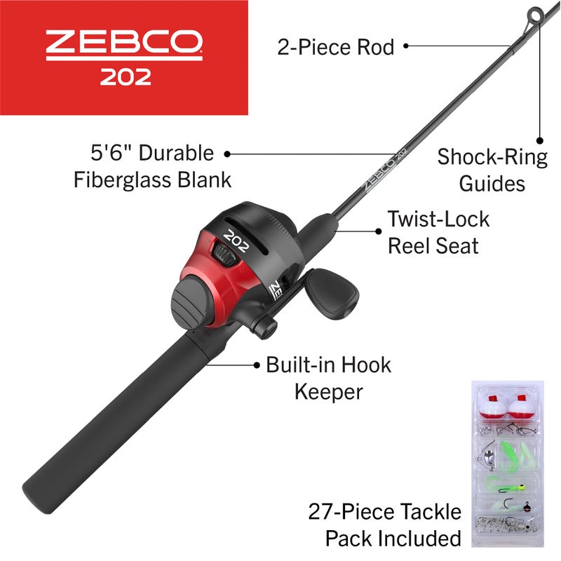 Zebco 202 Spincast Reel and Fishing Rod Combo, 5-Foot 6-Inch 2-Piece Fishing Pole, Size 30 Reel, Right-Hand Retrieve, Pre-Spooled with 10-Pound Cajun Line, Includes 27-Piece Tackle Kit, Black/Red - Image 2