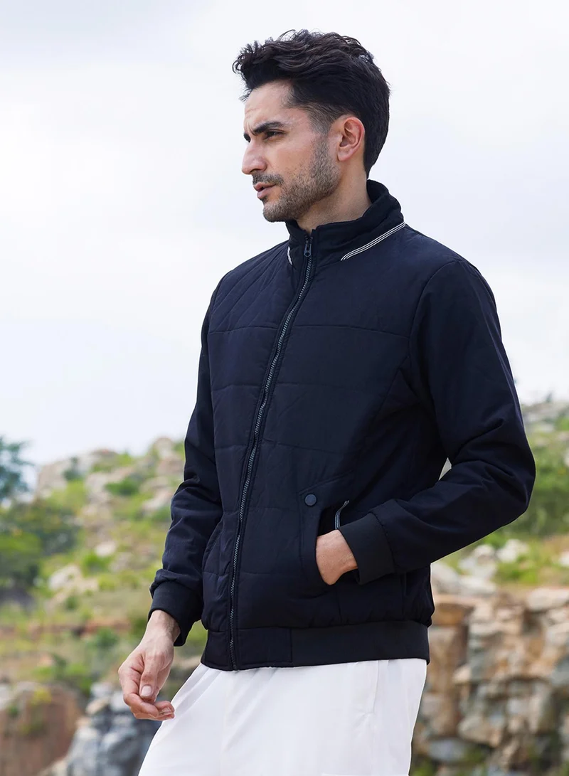 Campus Sutra Men's Onyx Black Quited Bomber Jacket With Ribbed Hem
