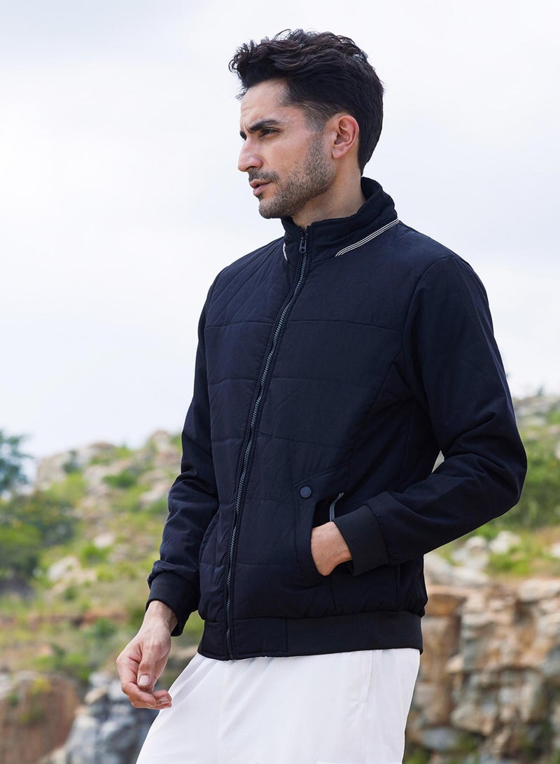 كامبوس سوترا Men's Onyx Black Quited Bomber Jacket With Ribbed Hem  - Image 3