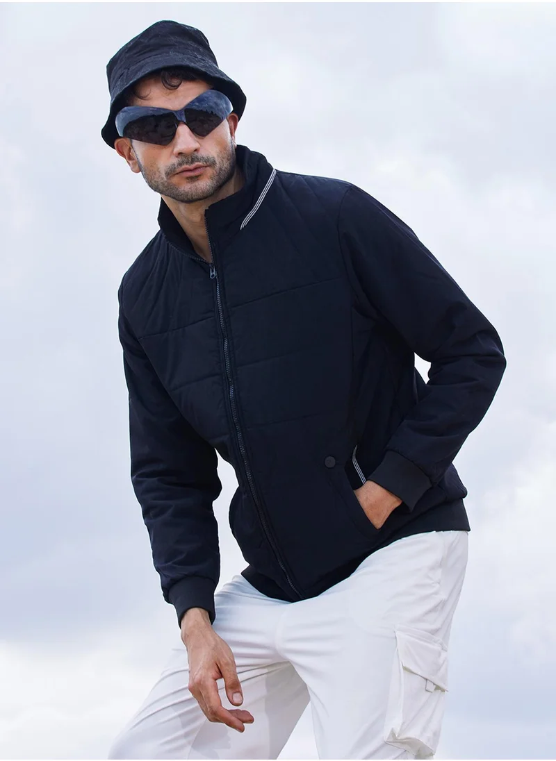 كامبوس سوترا Men's Onyx Black Quited Bomber Jacket With Ribbed Hem