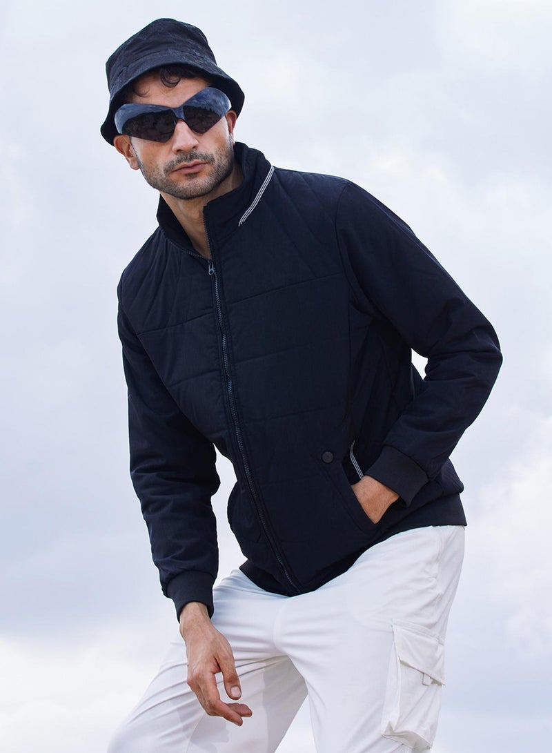 كامبوس سوترا Men's Onyx Black Quited Bomber Jacket With Ribbed Hem  - Image 1