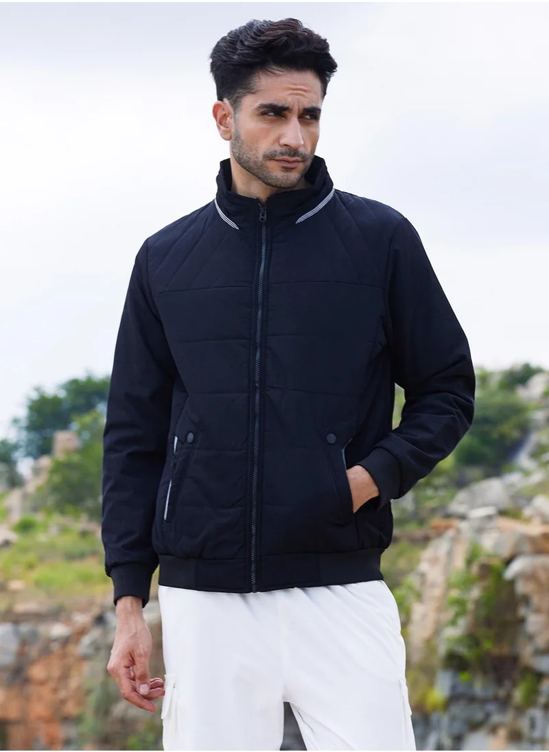 كامبوس سوترا Men's Onyx Black Quited Bomber Jacket With Ribbed Hem