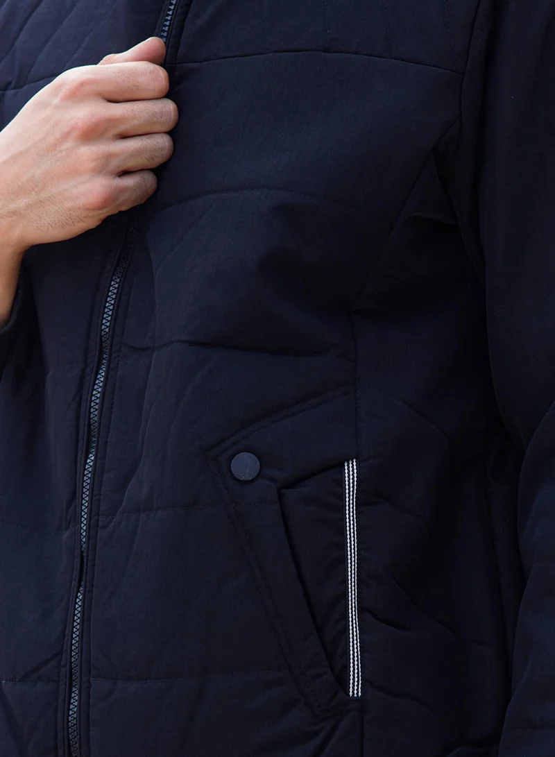 Campus Sutra Men's Onyx Black Quited Bomber Jacket With Ribbed Hem