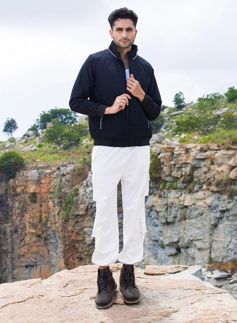 Campus Sutra Men's Onyx Black Quited Bomber Jacket With Ribbed Hem