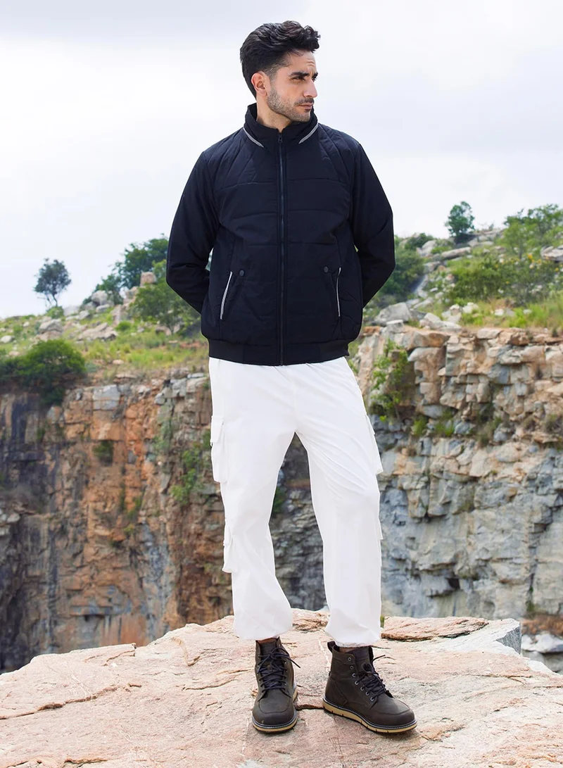 Campus Sutra Men's Onyx Black Quited Bomber Jacket With Ribbed Hem