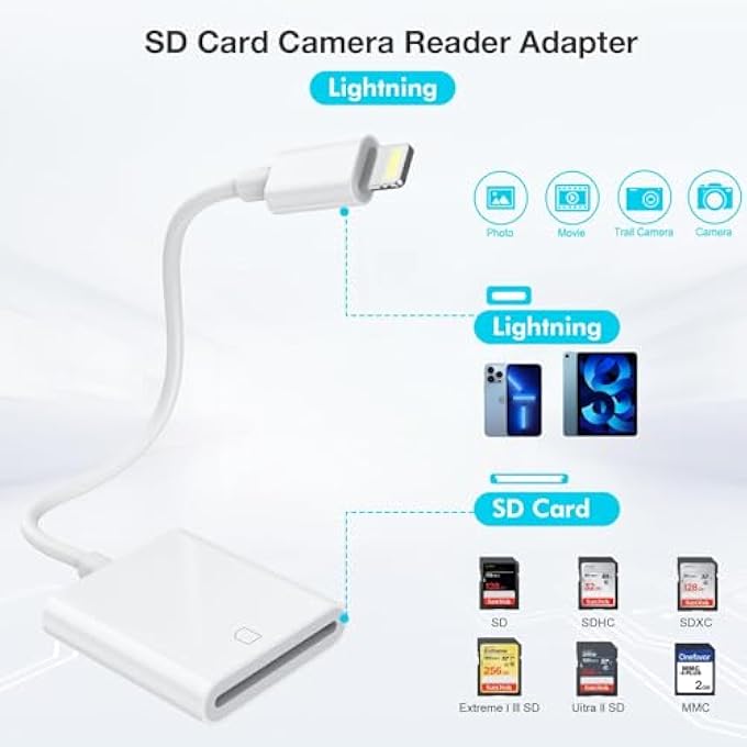 rayihni قارئ بطاقة SD معتمد من APPLE MFI لتحويل Lightning إلى بطاقة SD لجهاز iPhone و iPad وكاميرا الألعاب والمشاهدات وكاميرا الذاكرة ، توصيل وتشغيل - Image 2
