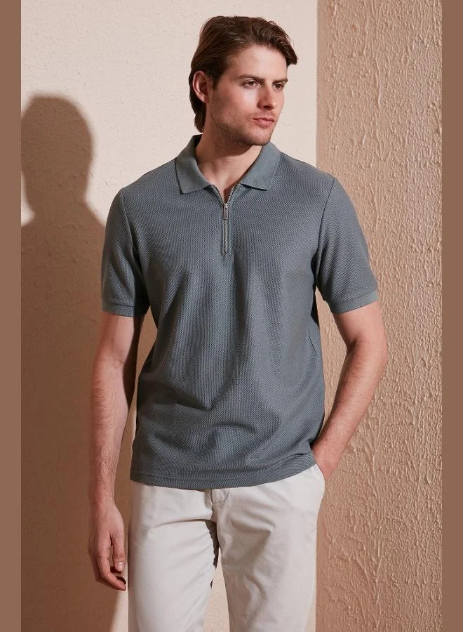 بوراتي تيشيرت بولو رجالي قطن بياقة بولو بسحاب مقاس عادي