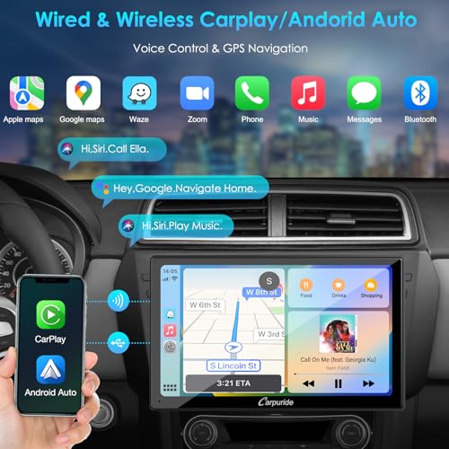 Carpuride Double Din Car Stereo with CarPlay and Android Auto Car Radio 9" HD Floating Touchscreen Car Audio Receivers with Bluetooth, EQ Subwoofer, Mirror Link, SWC, Backup Camera, AUX, AM/FM Radio - Image 2