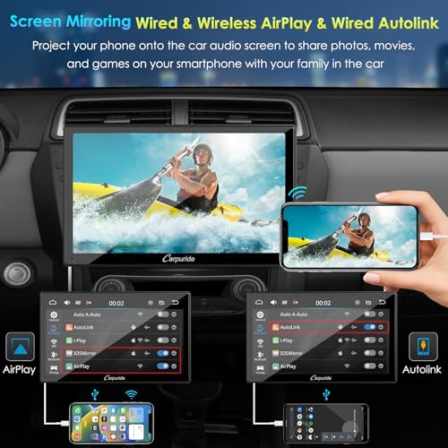 Carpuride Double Din Car Stereo with CarPlay and Android Auto Car Radio 9" HD Floating Touchscreen Car Audio Receivers with Bluetooth, EQ Subwoofer, Mirror Link, SWC, Backup Camera, AUX, AM/FM Radio - Image 3