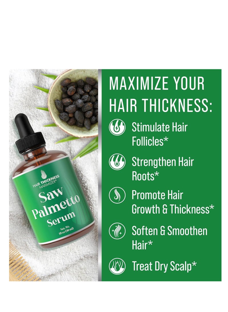 HAIR THICKNESS MAXIMIZER - Saw Palmetto Serum for Hair Growth: Rosemary, Peppermint, Pumpkin Seed Oils. Vegan Thickening, Moisturizing, Strengthening Treatment for Women, Men - Weak, Dry, Frizzy Hair - 1oz - Image 1