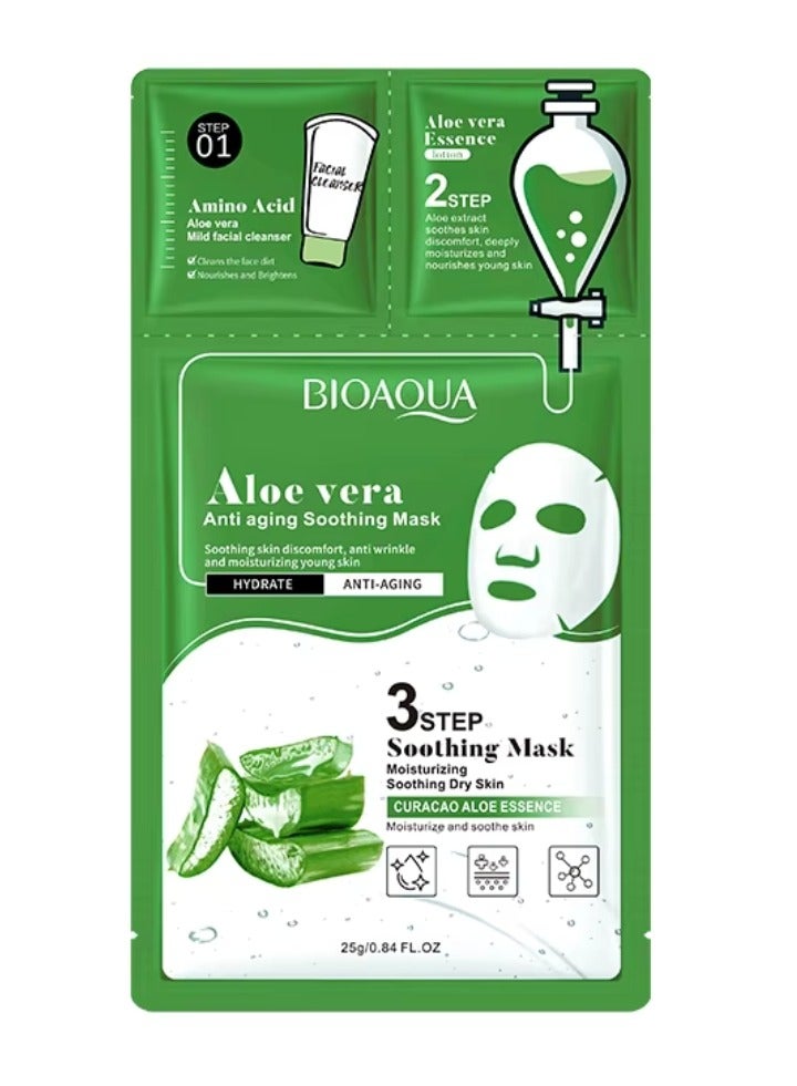 BIOAQUA 10 Pcs Aloe Vera Anti Aging Soothing Facial Mask Set 3 Steps Skincare Face Mask Sheet with Aloe Vera Facial Cleanser and Lotion Moisturizing Hydrating Dry Skin Face Sheet for Women and Men  - Image 2