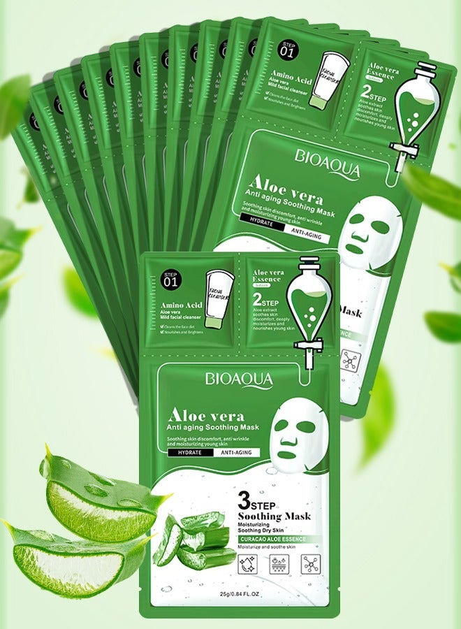 BIOAQUA 10 Pcs Aloe Vera Anti Aging Soothing Facial Mask Set 3 Steps Skincare Face Mask Sheet with Aloe Vera Facial Cleanser and Lotion Moisturizing Hydrating Dry Skin Face Sheet for Women and Men  - Image 1