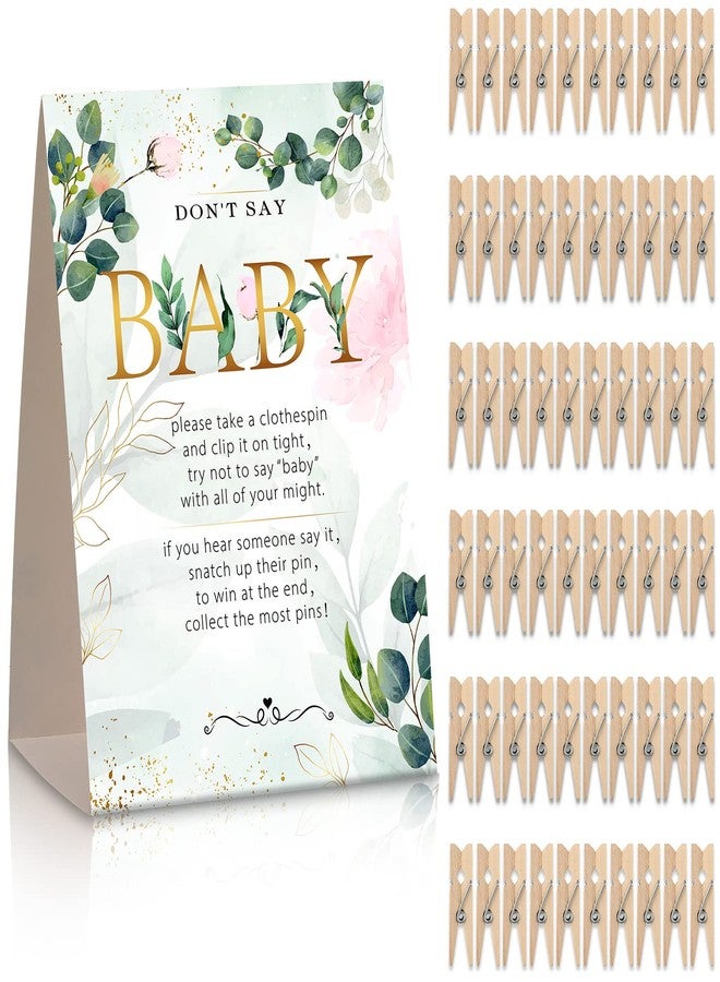Woanger 61 Pieces Don't Say Baby Sign 5 x 7 Inch Baby Shower Games and 60 Mini Clothespins Shower Games for Guests Prizes with Pins for Gender Reveal Favors Party Decorations(Greenery Style) - Image 1