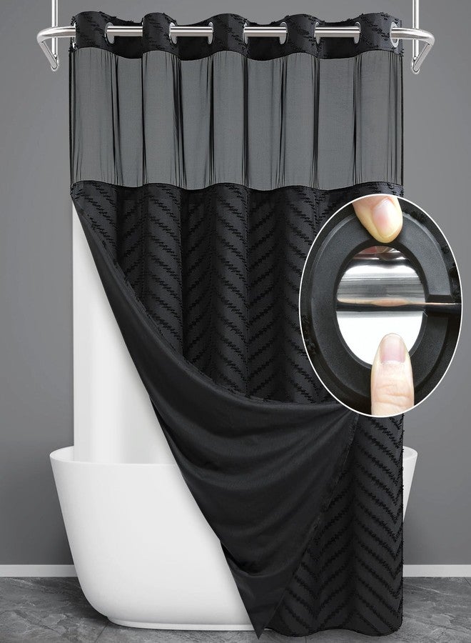 WONICY No Hook Shower Curtain with Snap in Liner, Black Tufted Chevron Striped Shower Curtains for Bathroom, Waterproof & Washable, 71Wx74H - Image 1