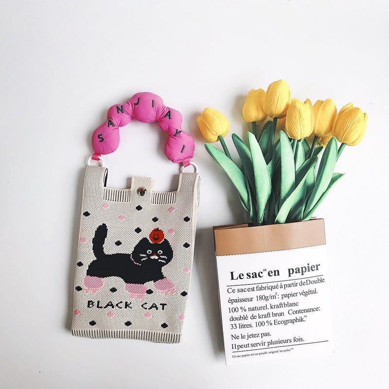 South Korea Ins Shoulder Crossbody Mobile Phone Bag Cute Cat Knitted Handbag Women'S Fashion All-Match - Image 1
