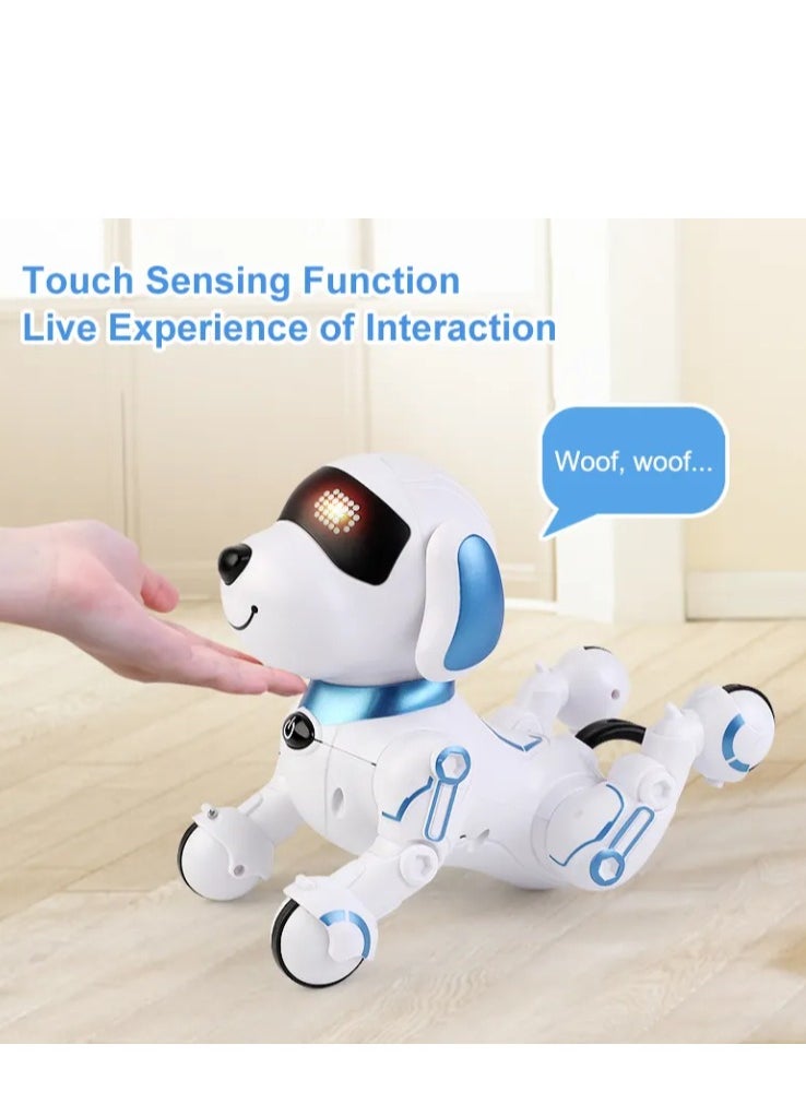 Interactive Robot Dog Toy with Touch Sensing, LED Display, Remote Control, Educational Functions, White and Blue  - Image 4