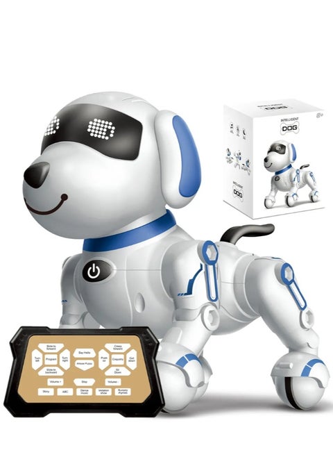 Interactive Robot Dog Toy with Touch Sensing, LED Display, Remote Control, Educational Functions, White and Blue