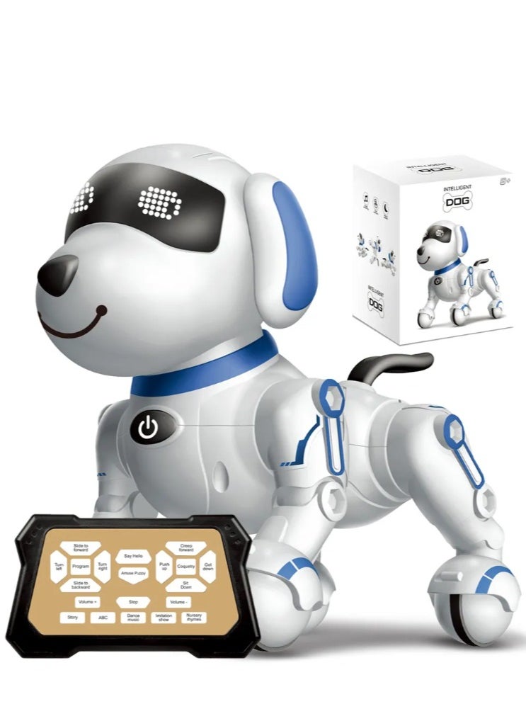 Interactive Robot Dog Toy with Touch Sensing, LED Display, Remote Control, Educational Functions, White and Blue  - Image 1